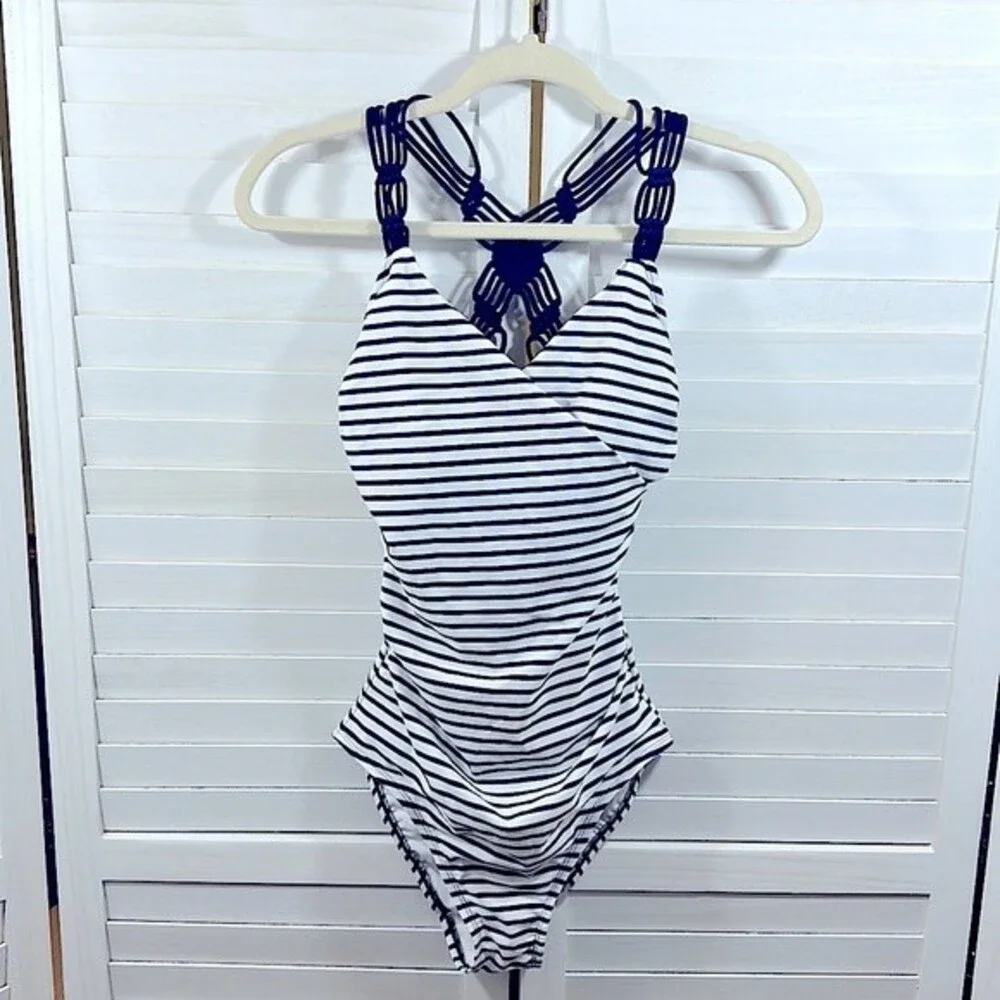 Kona Sol One Piece Shirred Navy Blue Stripe Swimsuit Small NWOT